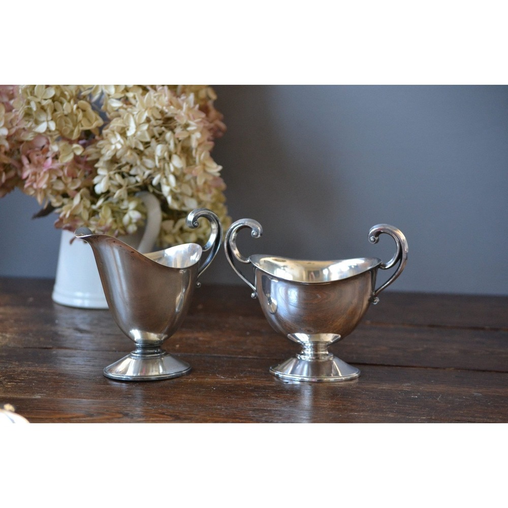 1658‎ Mulholland EPNS Creamer + Sugar Bowl set Nickel Base Curled vintage